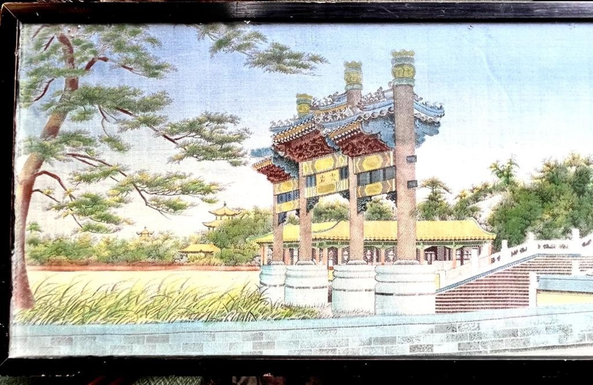 FINE COLOURED SILK EMBROIDERY OF ORIENTAL TEMPLE VISTA, APPROX 24.5 x 118.5cm - Image 2 of 2