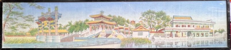 FINE COLOURED SILK EMBROIDERY OF ORIENTAL TEMPLE VISTA, APPROX 24.5 x 118.5cm