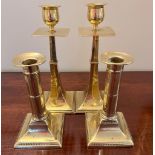 TWO PAIRS OF OLD BRASS CANDLESTICKS, APPROX 16cm HIGH AND 22cm HIGH