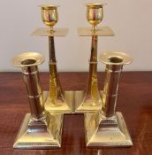 TWO PAIRS OF OLD BRASS CANDLESTICKS, APPROX 16cm HIGH AND 22cm HIGH