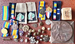 QUANTITY OF VARIOUS MEDALS, BUTTONS AND DEATH PLAQUE