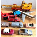 NINE UNBOXED DIECAST MODEL TOYS INCLUDING DINKY CRANE ON WAGON