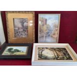 TWO FRAMED WATERCOLOURS, FRAMED OIL ON CANVAS, PLUS GILT FRAMED PRINT