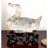 ORIENTAL ROCK CRYSTAL CARVING OF A DUCK WITH ORIGINAL STAND, EARLY 20th CENTURY, APPROX 6cm HIGH