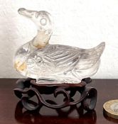 ORIENTAL ROCK CRYSTAL CARVING OF A DUCK WITH ORIGINAL STAND, EARLY 20th CENTURY, APPROX 6cm HIGH