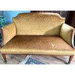 UPHOLSTERED EDWARDIAN SETTEE WITH TAPERING SUPPORTS AND ARMCHAIR TO ACCORD, APPROX 122cm LONG