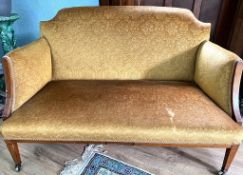 UPHOLSTERED EDWARDIAN SETTEE WITH TAPERING SUPPORTS AND ARMCHAIR TO ACCORD, APPROX 122cm LONG