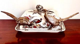 VICTORIAN INDUS PATTERN CHEESE DISH AND COVER, APPROX 25cm, PLUS TWO SILVER COLOURED PHEASANTS,