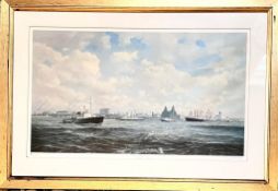 GORDON ELLIS FRAMED PRINT, 'LIVERPOOL WATERFONT', SIGNED IN PENCIL BY BARBARA J ELLIS