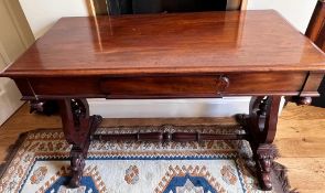 MAHOGANY WRITING DESK HAVING LYRE SUPPORTS, APPROX 72cm HIGH, 106cm WIDE AND 52cm DEEP