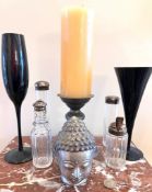 ACCUMULATION OF EIGHT OBJECTS INCLUDING SILVER TOPPED BOTTLES AND CANDLE HOLDER, ETC.