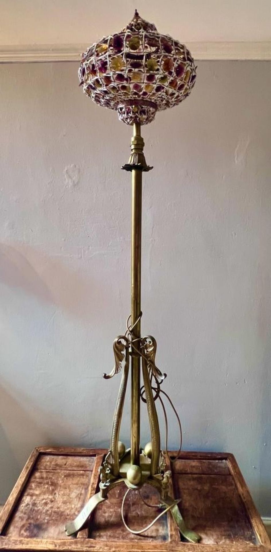 BRASS STANDARD LAMP WITH LANTERN SHADE, APPROX 150cm HIGH