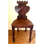 MAHOGANY HALL CHAIR, APPROX 87cm HIGH AND 44cm WIDE