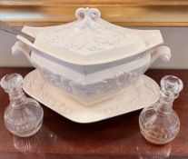 ROYAL WORCESTER POTTERY TUREEN, TWO LIQUOR DECANTERS, PLATED LADLE, PLUS NON MATCHING STOPPERS