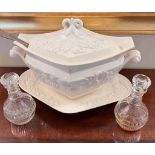 ROYAL WORCESTER POTTERY TUREEN, TWO LIQUOR DECANTERS, PLATED LADLE, PLUS NON MATCHING STOPPERS