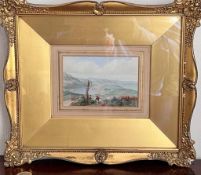 SMALL GILT FRAMED PRINT DEPICTING A COUNTRY HILL SCENE, APPROX 8 x 12cm