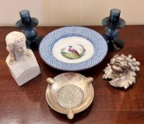 SILVER ASHTRAY, SPODE DEEP DISH, TWO CANDLESTICKS, PARIAN SCHILLER, PLUS TUREEN COVER/HANDLE