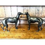 PAIR OF BRONZE GREYHOUND FIGURES, APPROX 30cm HIGH, NOSE TO TAIL APPROX 34cm