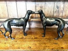 PAIR OF BRONZE GREYHOUND FIGURES, APPROX 30cm HIGH, NOSE TO TAIL APPROX 34cm