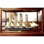 CASED MODEL OF A FOUR MASTED CLIPPER TRAINING SHIP FROM INDEFATIGABLE SCHOOL. CASE APP. 75CM H X