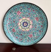 CLOISONNE PLAQUE OF TURQUOISE GROUND, DIAMETER APPROX 33cm