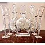 TWO COGNAC BACCARAT DECANTERS, ANOTHER DECANTER, PLUS FOUR AIR TWIST CORDIAL GLASSES