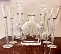 TWO COGNAC BACCARAT DECANTERS, ANOTHER DECANTER, PLUS FOUR AIR TWIST CORDIAL GLASSES