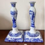 PAIR OF MODERN SPODE BLUE AND WHITE CANDLESTICKS, APPROX 32cm HIGH