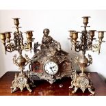 GILDED BRASS CLOCK AND GARNITURE SET, APPROX 42cm HIGH