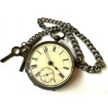 SILVER POCKET WATCH, MAKER AARONSON OF MANCHESTER, CHESTER ASSAY, AND SILVER CHAIN TO ACCORD
