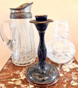 LARGE GLASS WATER JUG WITH METAL TOP, GLASS VASE, PLUS DOULTON LAMBETH CANDLESTICK