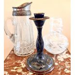 LARGE GLASS WATER JUG WITH METAL TOP, GLASS VASE, PLUS DOULTON LAMBETH CANDLESTICK