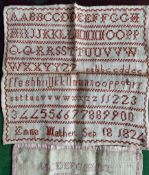 SMALL SAMPLER BY EMMA MATHER, SEPT 18 1824, APPROX 19 x 19.5cm, ALSO ANOTHER HOMERTON COLLEGE, 1834,