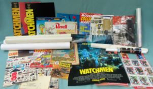 Sundry lot including Magazines, posters including Watchmen and Mad Max, Transformers trade cards etc