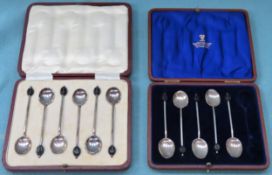 Cased set of six silver coffee bean spoons, plus five cased similar spoons