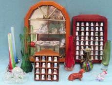 Mixed lot including wall mounting display cases, thimbles, brassware, glassware etc