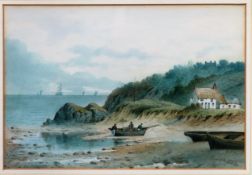 H. Macenis - Gilt framed watercolour depicting a seaside scene with rowing boat and figures