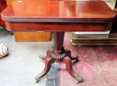 19th century mahogany fold over tea table on quadrafoil supports. App. 72cm H x 86cm W x 42.5cm D