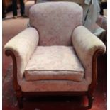 20th century walnut framed upholstered victorian style armchair. App. 89cm H x 90cm W x56cm D
