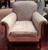 20th century walnut framed upholstered victorian style armchair. App. 89cm H x 90cm W x56cm D