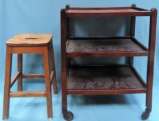 Oak tea trolley, plus small vintage stool