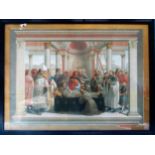 Framed religious print depicting the death of St Francis. App. 49 x 67cm