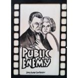 Large canvas within ebonised movie reel frame depicting James Cagney & Jean Harlow