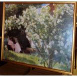 Large gilt framed polychrome print depicting a garden scene. App. 90 x 110cm