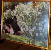 Large gilt framed polychrome print depicting a garden scene. App. 90 x 110cm
