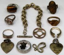 Mixed lot of 925 silver and silver coloured dress rings, Albert style watch chain with fob etc