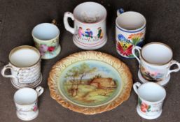 Parcel of various 19th century tankards, surprise mug, loving cup