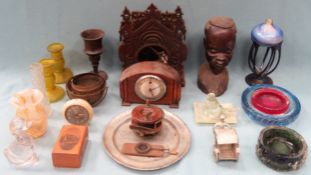 Mixed lot including Mauchline ware, glass, clocks, wooden carvings etc