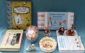 Beatrix Potter related sundry items including volumes, poster set, egg, Royal Doulton figures etc