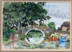 E. Headridge - 1970's framed watercolour depicting a canal bridge scene. Approx. 25cms x 35cms